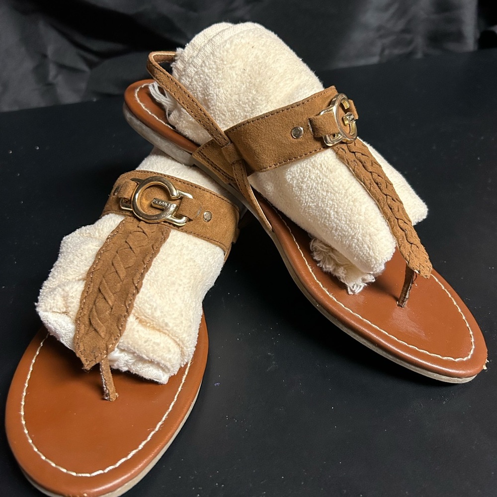 Guess Brown Leather Sandals with Gold Accents - Size 9
